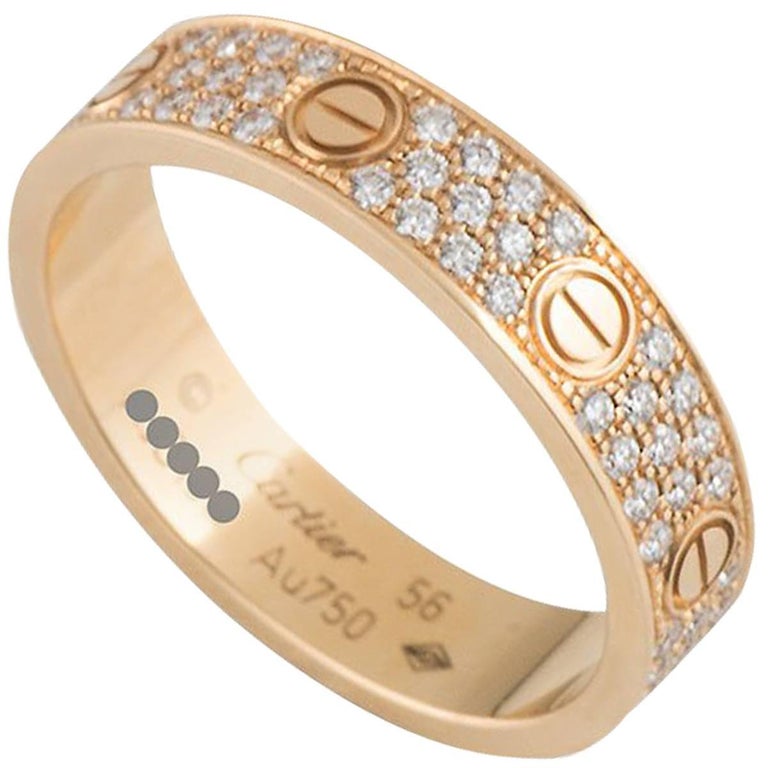 Cartier Rose Gold Pave Diamond Love Ring at 1stdibs