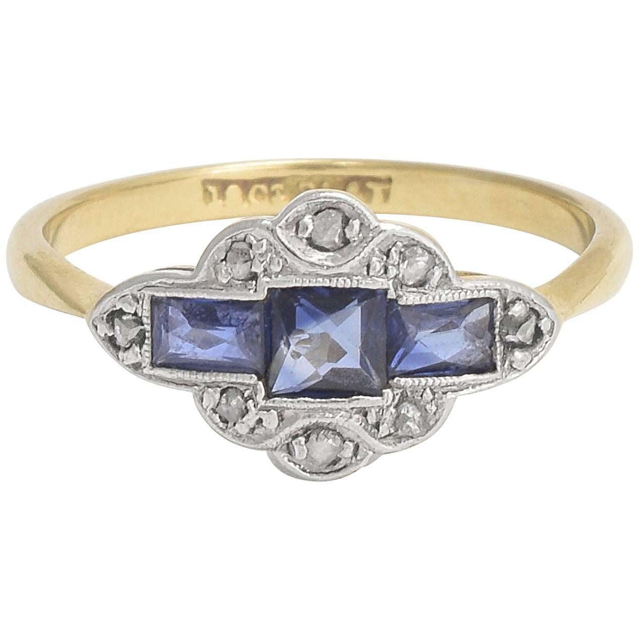 Art Deco Ring with French Cut Sapphires and Rose Cut Diamonds