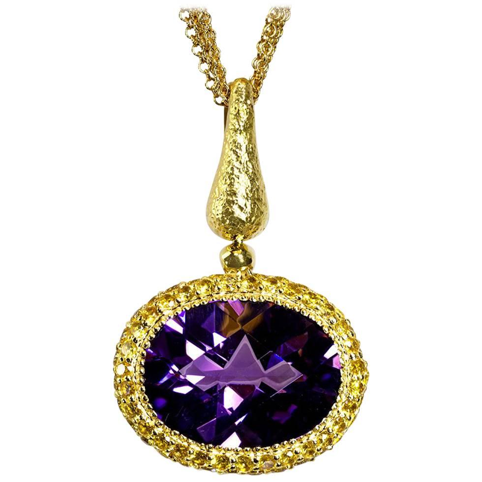 Amethyst Sapphire Gold Pendant Necklace on Chain One of a Kind