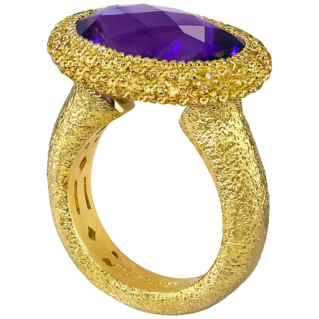 Amethyst Sapphire Yellow Gold Textured Cocktail Ring One of a Kind