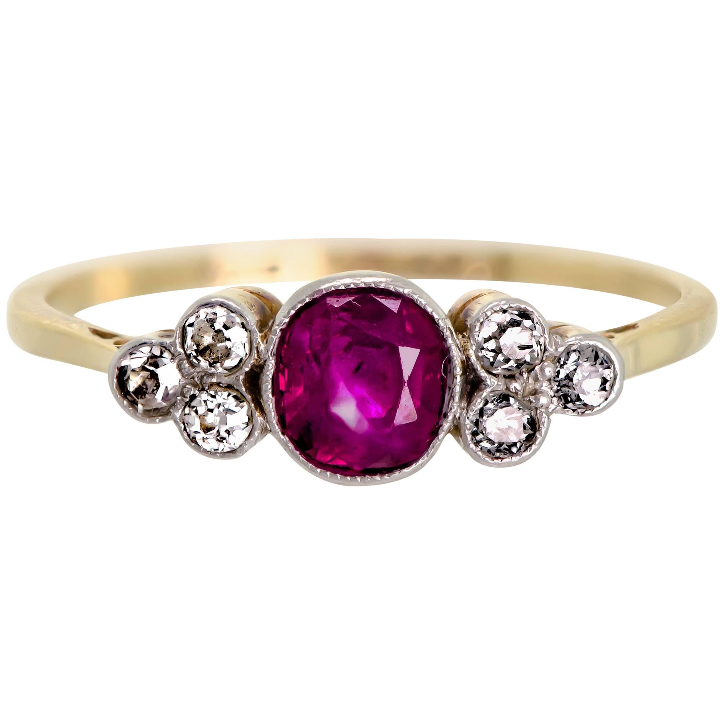 Very Sweet Petite Antique Turn of the Century Ruby and Diamond Ring