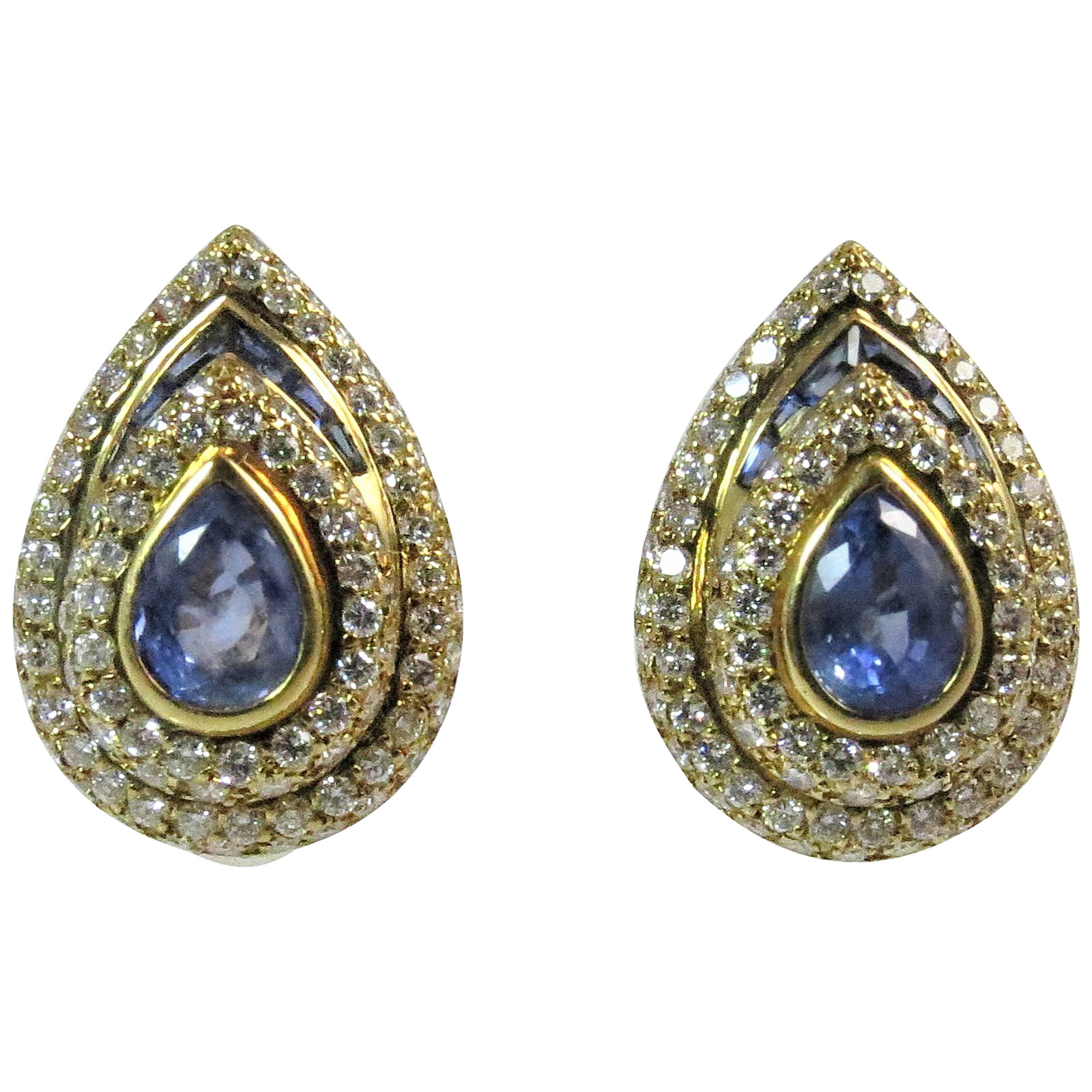 18 Karat Yellow Gold Pear Shape Sapphire and Diamond Clip Earrings For Sale