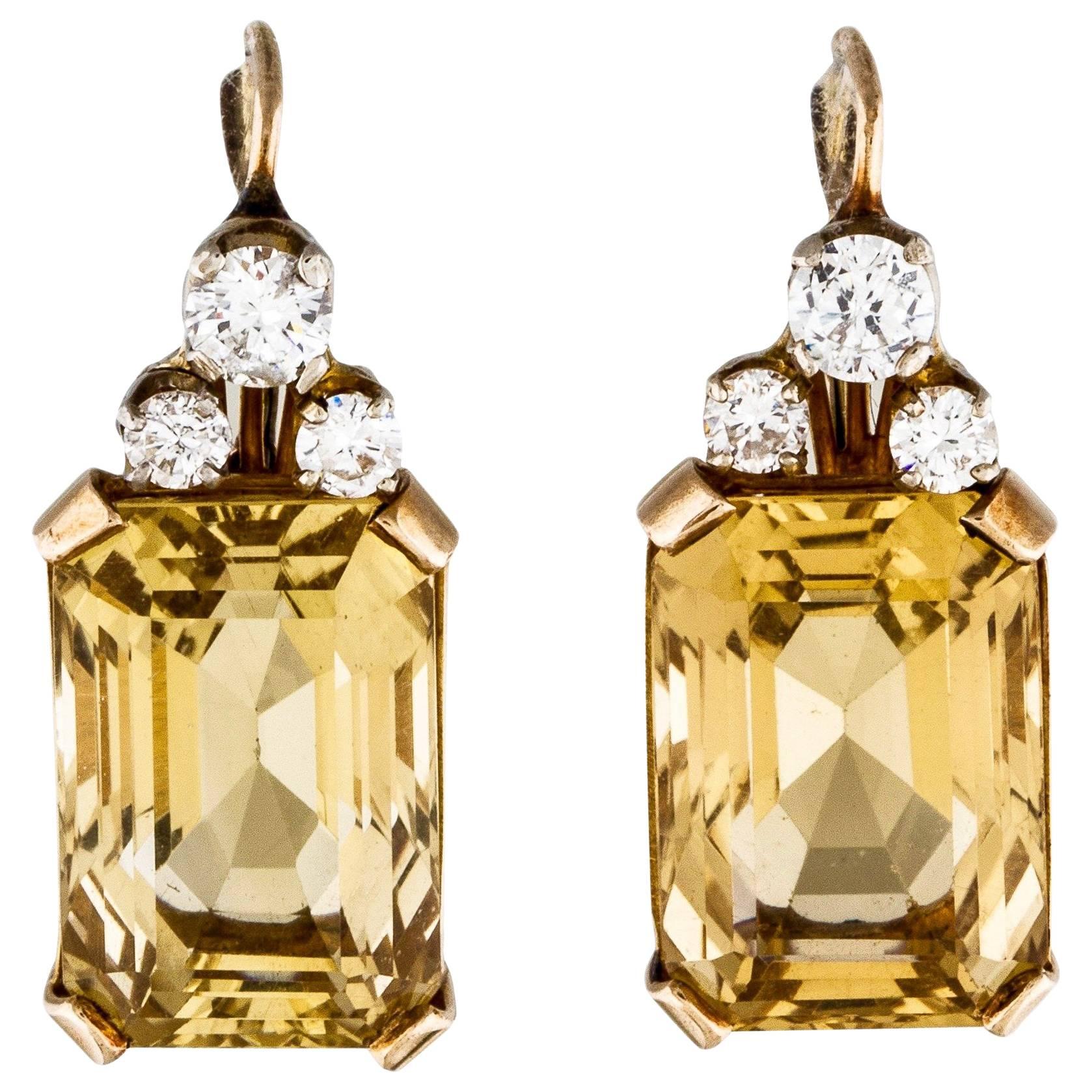 1950s 14 Karat Gold 24 Carat Citrine Diamond Drop Pendant Earrings
