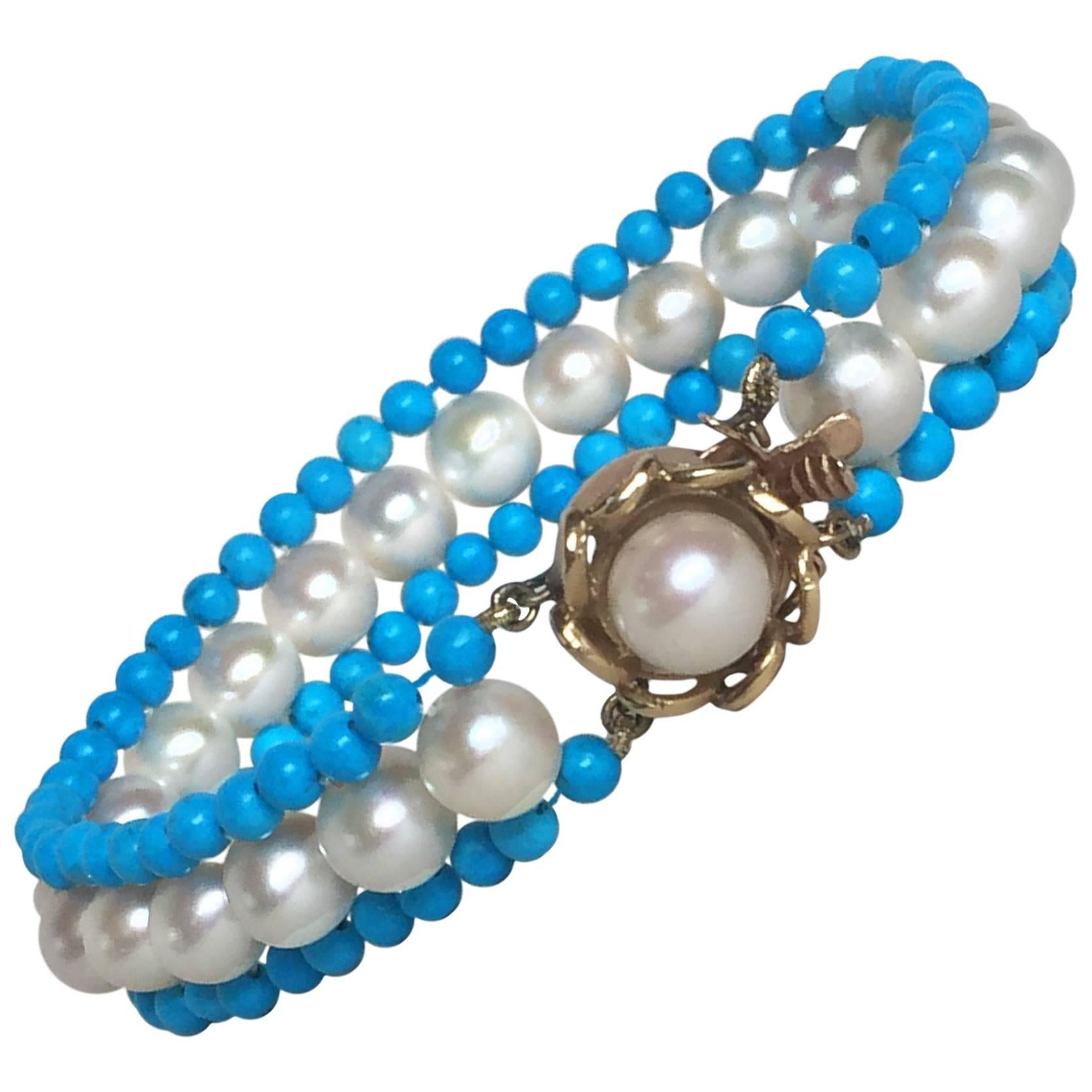 Marina J. Woven Turquoise, Pearl and 14 Karat Yellow Gold Bracelet 