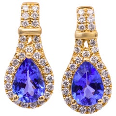 Pear Shape Tanzanite and Diamond Yellow Gold Drop Earrings