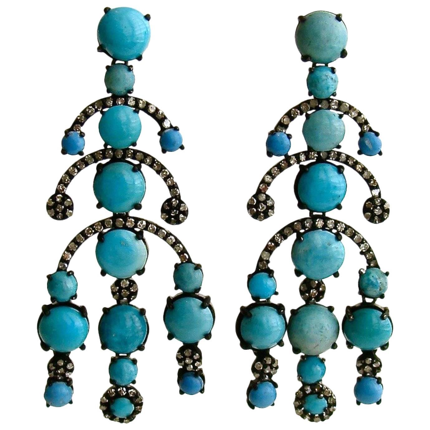 Turquoise Diamond Rhodium Silver Chandelier Earrings