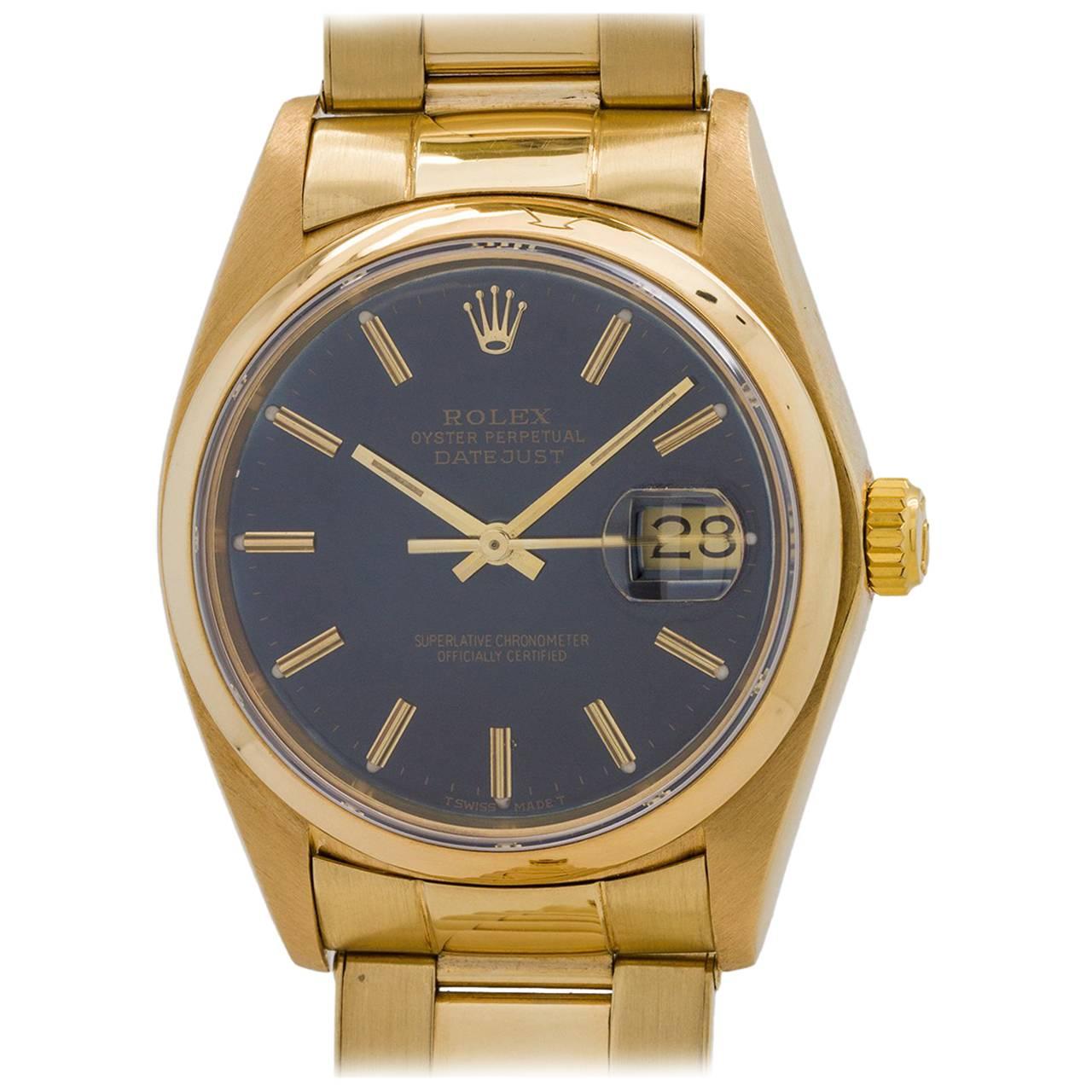 Rolex Yellow Gold Datejust Sapphire Blue Dial Automatic Wristwatch, circa 1978