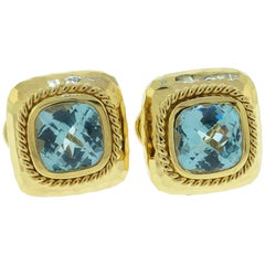 14 Karat Gold Cushion Cut Blue Topaz Earrings 14 Karat Gold Cushion Cut Blue Topaz Earrings