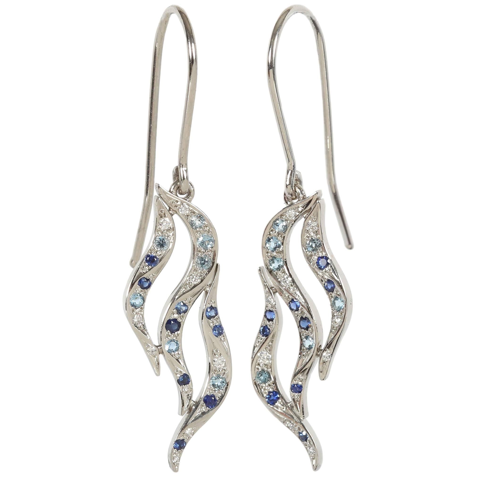 Greg Holland Round Diamond Aquamarine Sapphire Platinum Dangle Earring For Sale