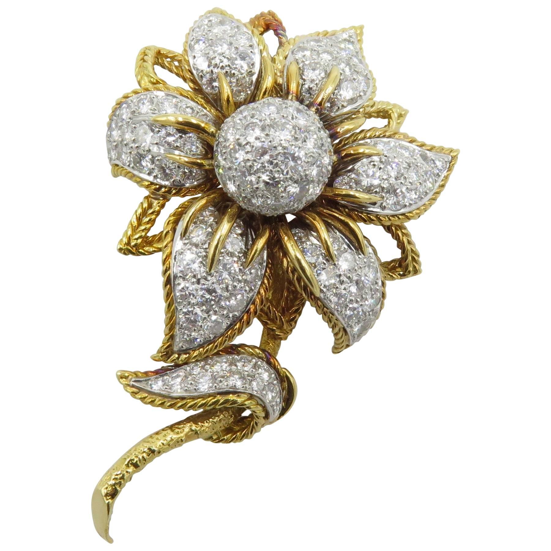 Platinum, Gold and Diamond Flower Brooch