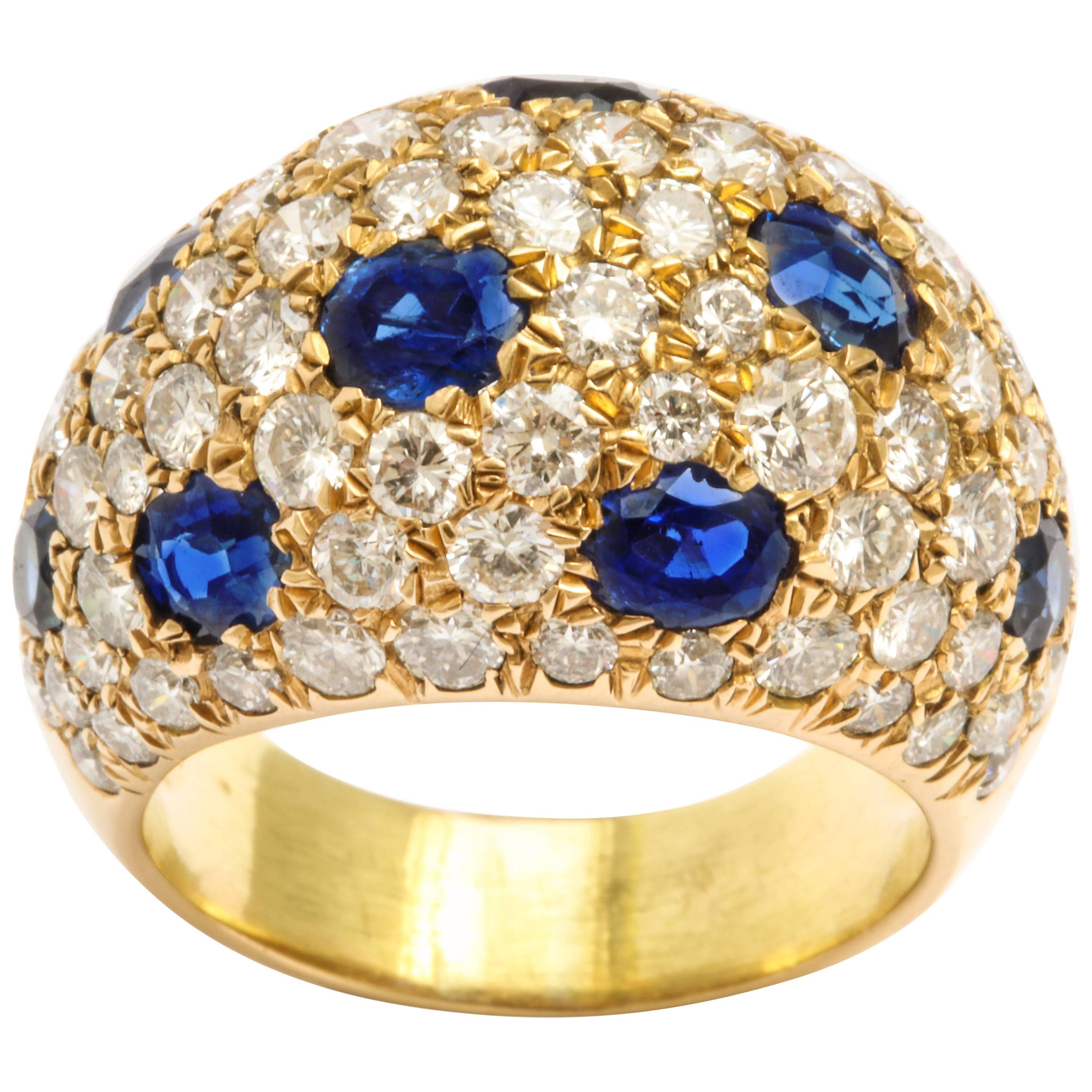 18 Karat Gold French Dome Ring with Sapphires and Diamonds For Sale
