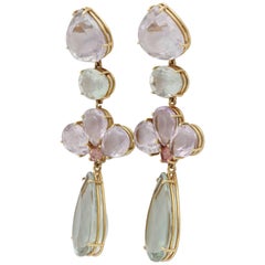 1980s Pale Green Quartz with Pink Kunzite Gold Hanging Drop Pendant Earrings