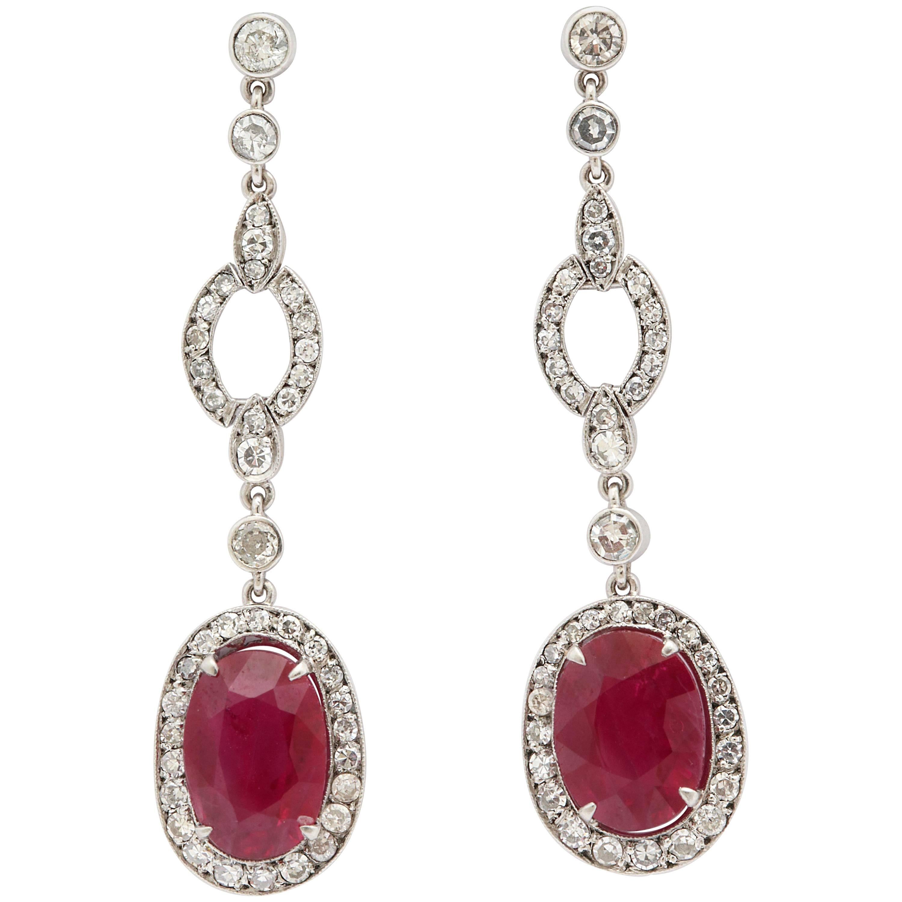 1950s Scissor Cut Ruby and Diamond Platinum Drop Earrings with Posts