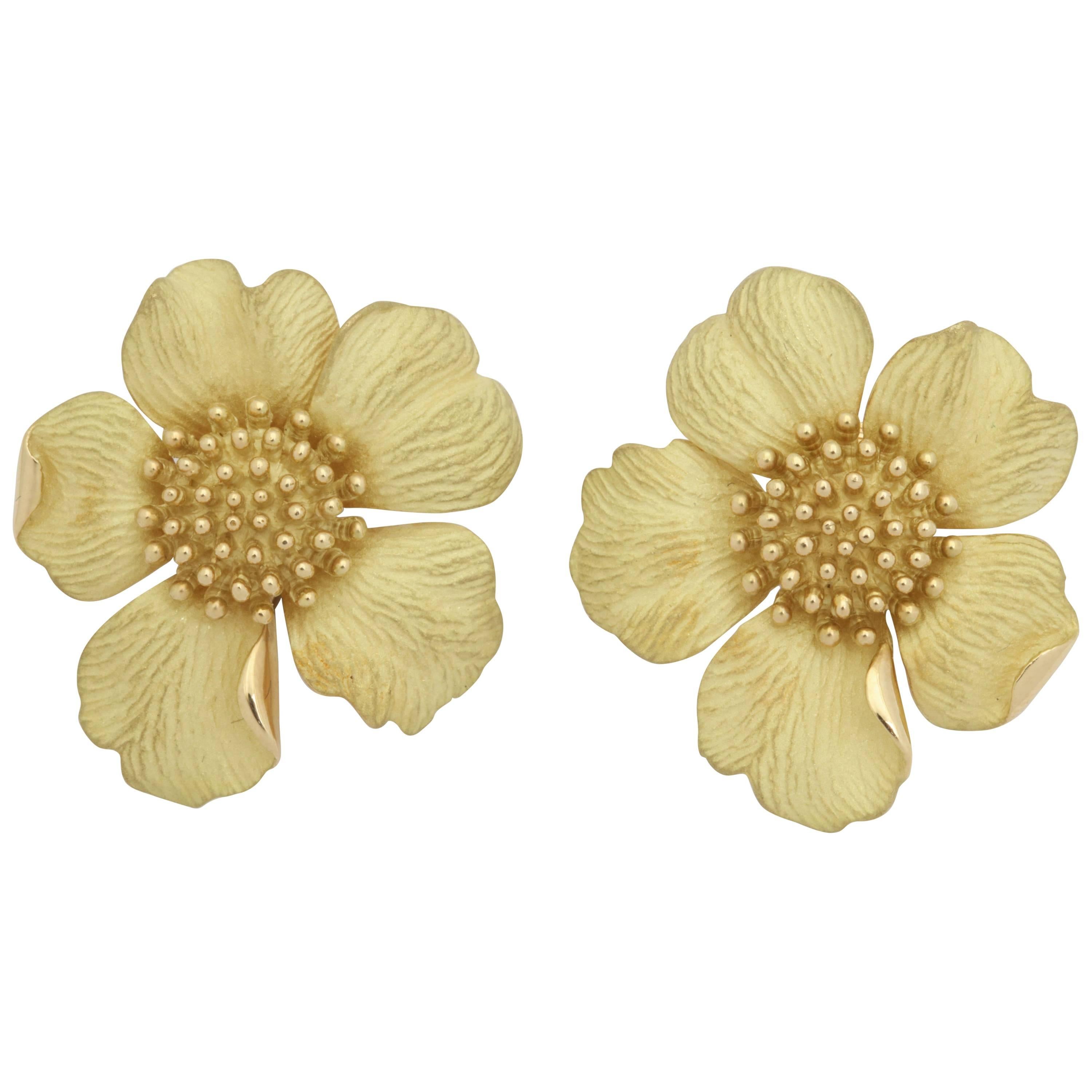1980s Tiffany & Co. Large Figural Cherry Blossom Flower Matte Gold Earrings
