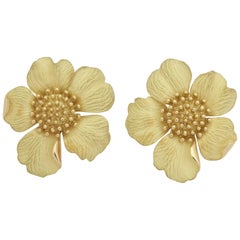 Vintage 1980s Tiffany & Co. Large Figural Cherry Blossom Flower Matte Gold Earrings