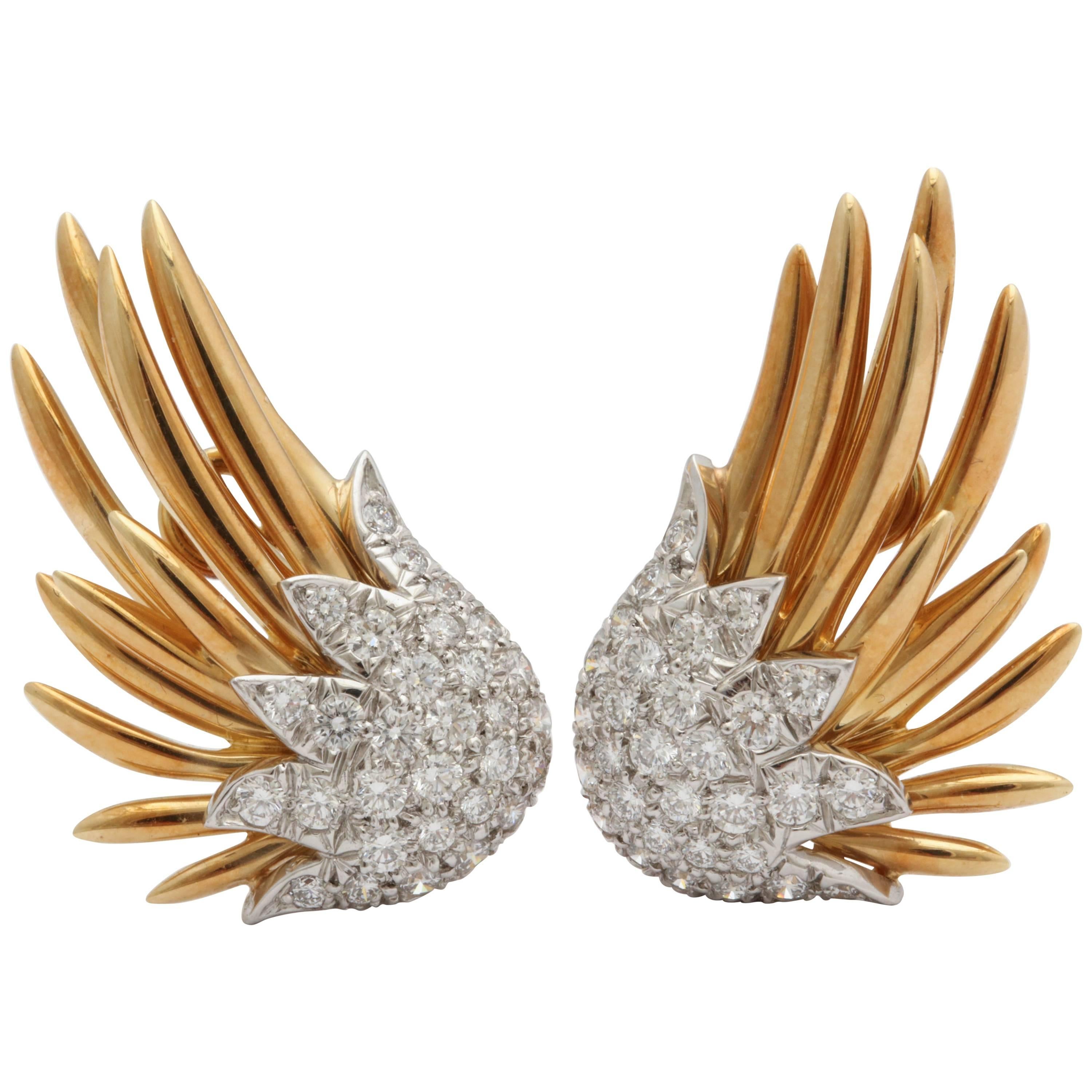 Schlumberger for Tiffany & Co. Diamond and Gold and Platinum Flame Wing Earrings