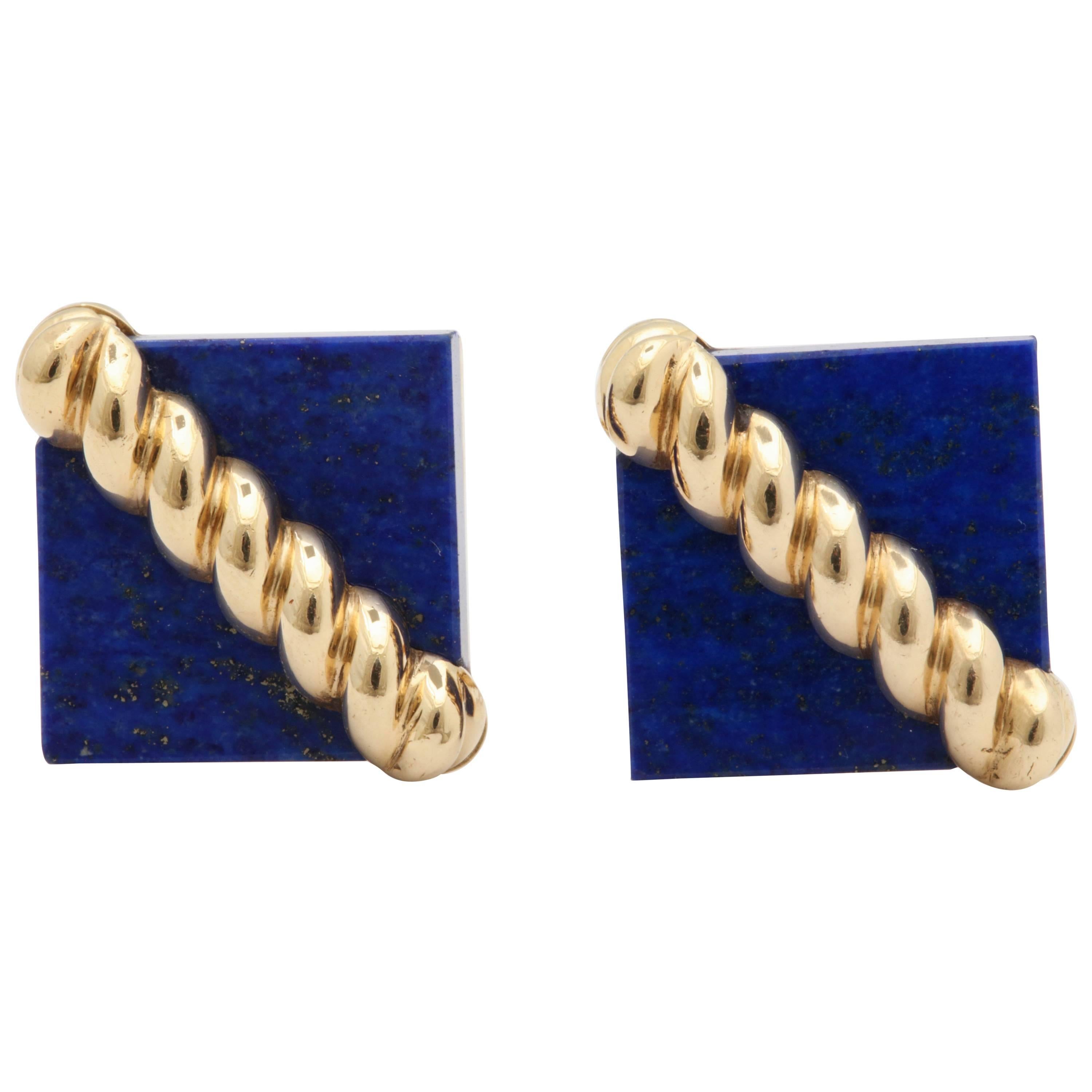 1970s Tiffany & Co. Lapis Lazuli and Ridged Textured Gold Cufflinks