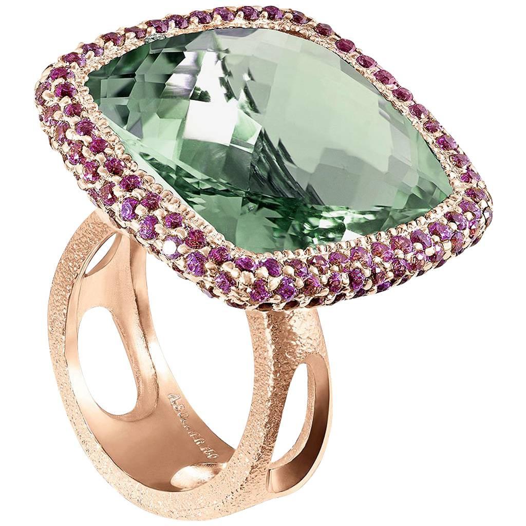 Green Amethyst Garnet Rose Gold Textured Ring One of a Kind