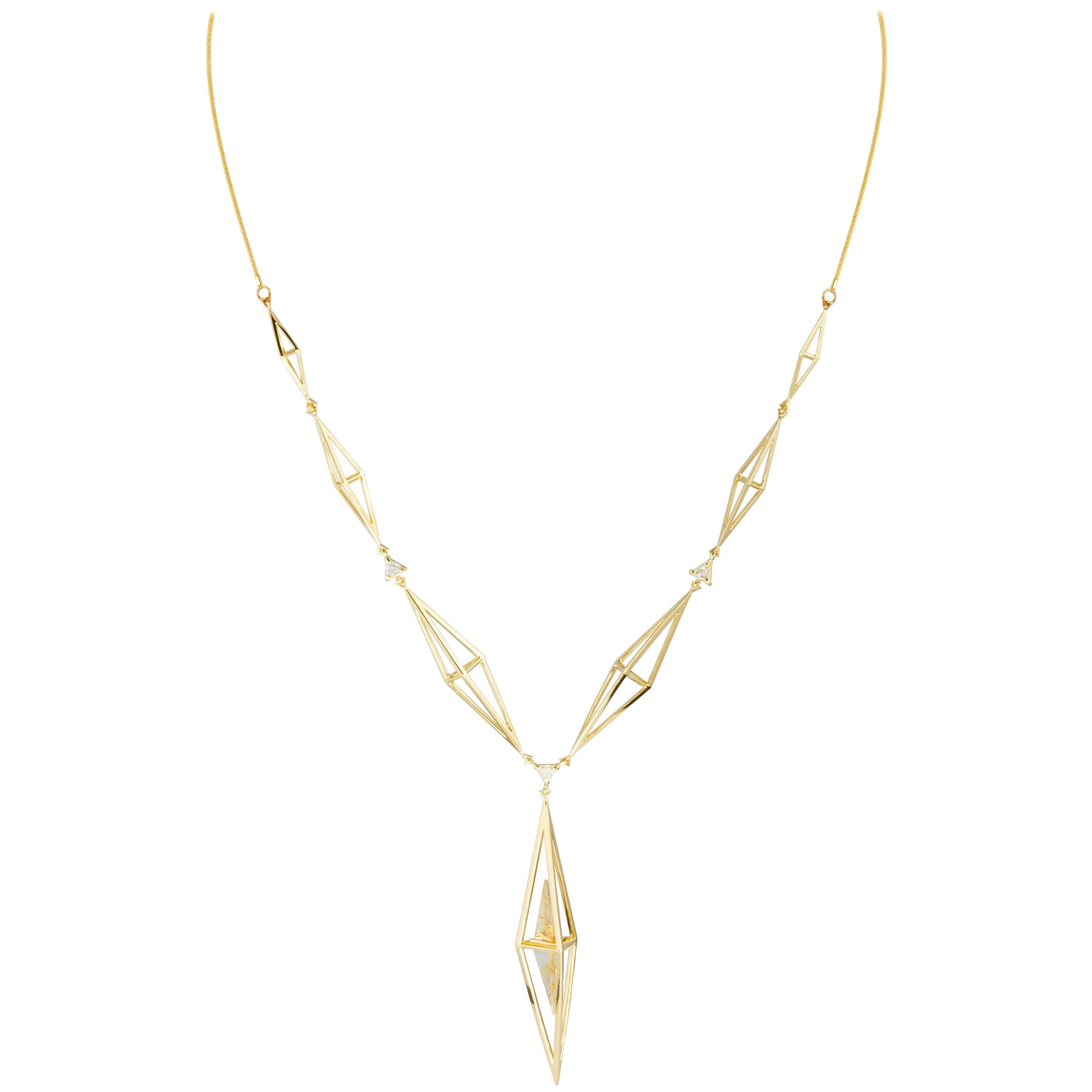 Tetrahedron Necklace 18K Yellow Gold  &  Rutilated Quartz and Diamonds by Kattri For Sale