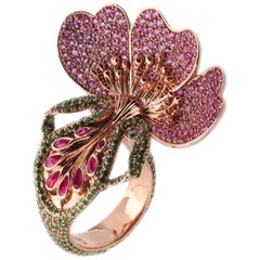 18 Carat Gold Pink Sapphire Diamond Tsavorite and Ruby Flower Cocktail Ring