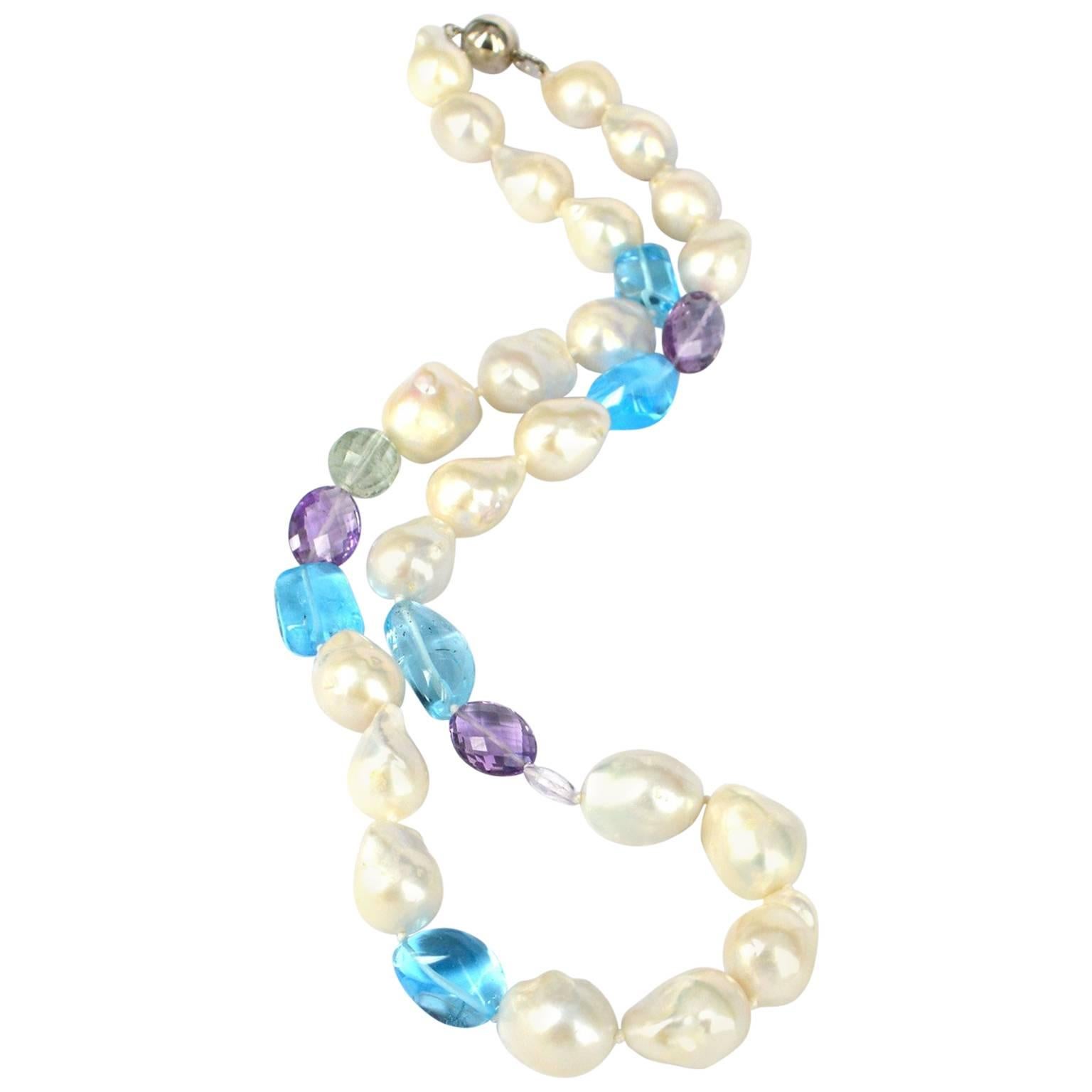 Decadent Jewels Blue Topaz Amethyst and Fresh Water Pearl Silver Necklace For Sale