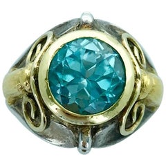 Antique Yellow Gold Silver Blue Zircon Ring