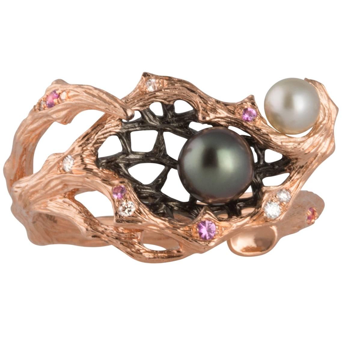 18 Karat Rose Gold Keshi Pearl, Sapphire and Diamond Statement Ring For Sale