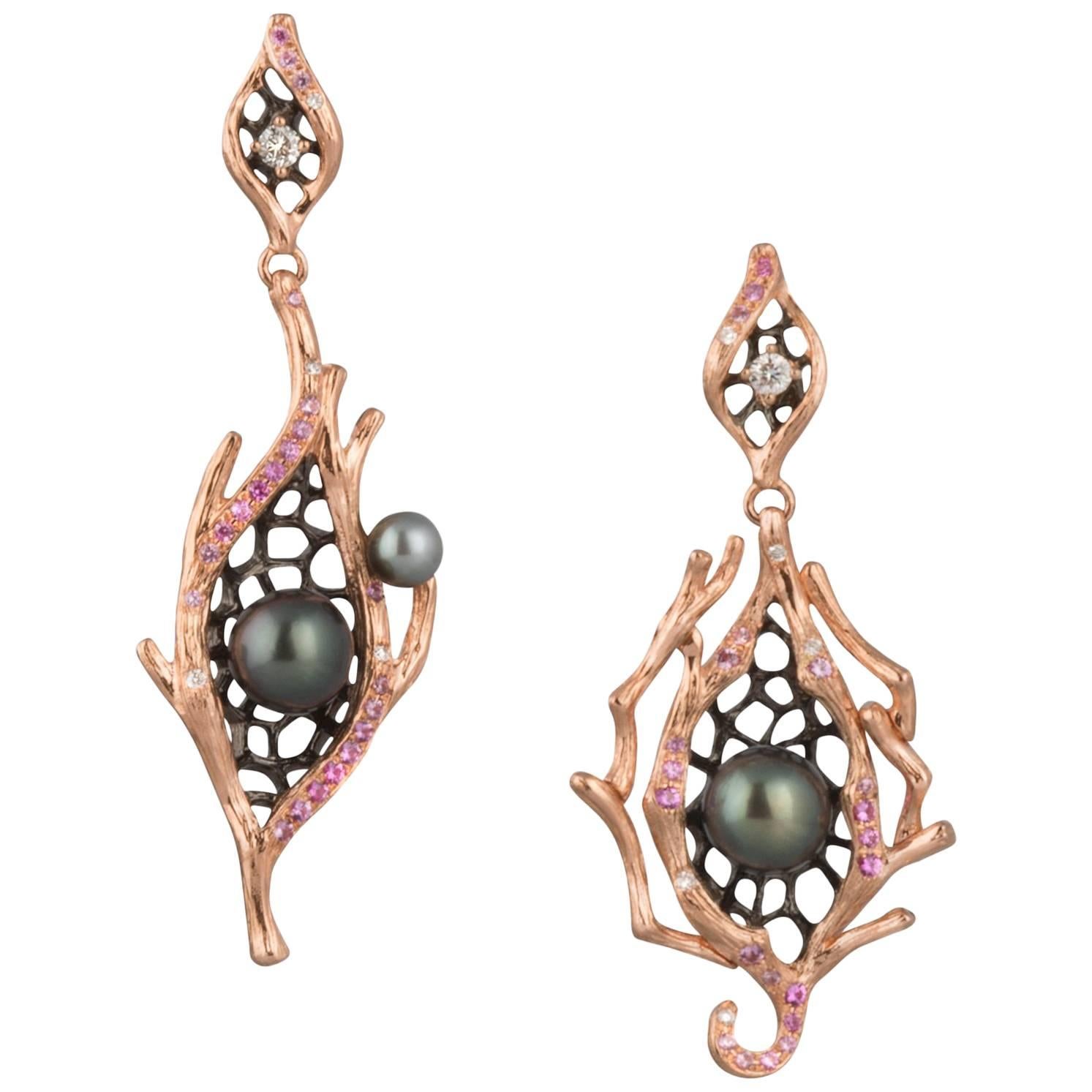18 Karat Rose Gold Keshi Pearl, Sapphire and Diamond Asymmetrical Earring For Sale