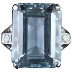 Art Deco Large 28 Carat Aquamarine Diamond Ring