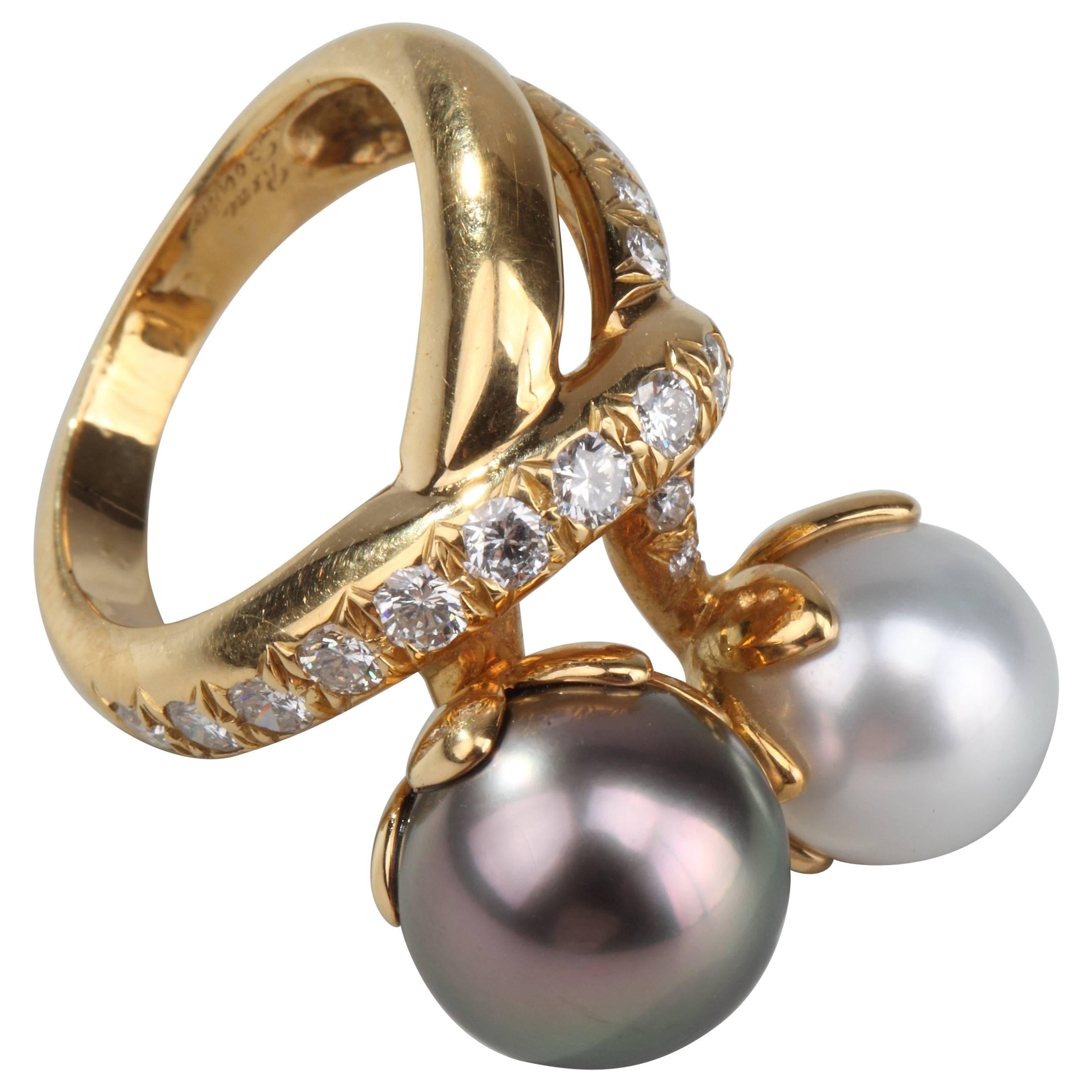 Rene Boivin Twin Color Pearl Diamond Ring For Sale