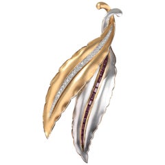 Two Colored Gold Diamond Ruby Leaf Brooch