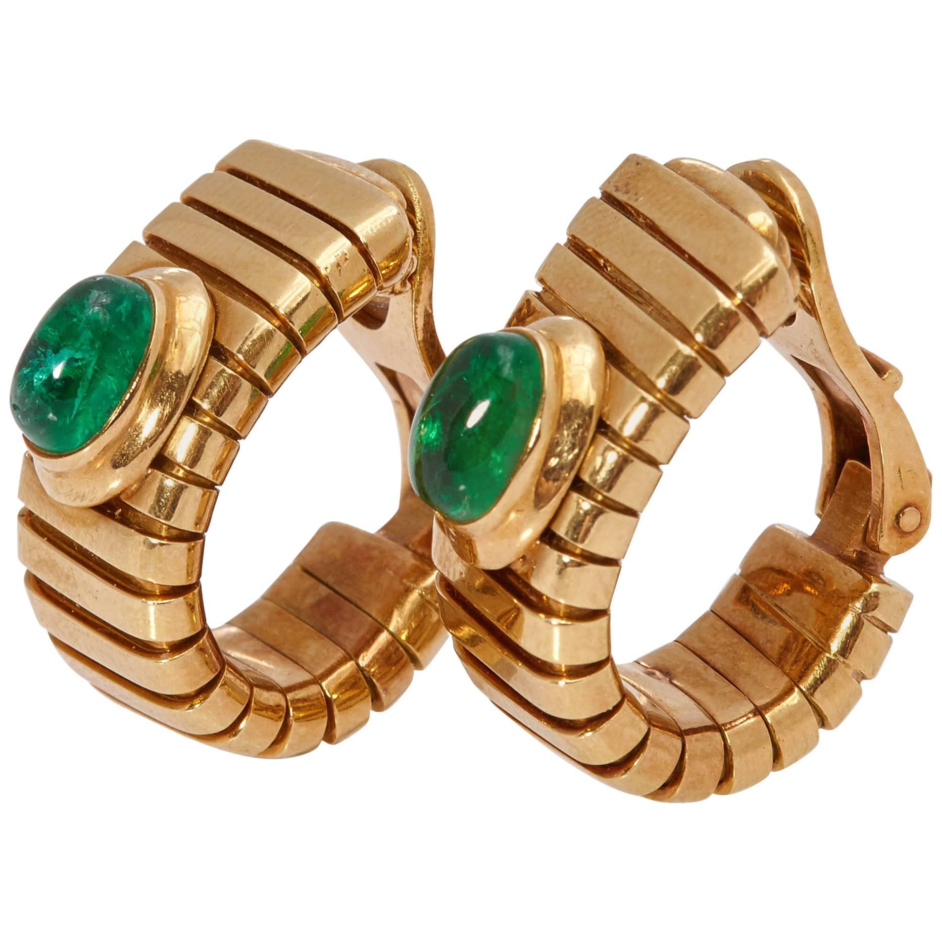 Bulgari Emerald and Gold Tubogas Earclips