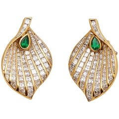 Vintage Fasano Diamond and Emerald Leaf Paecock Earclips