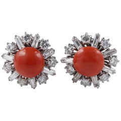 4.0 Carat Diamonds Red Coral Vintage Italian Earrings
