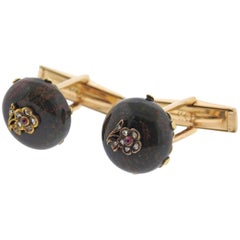 Antique Bloodstone Diamond Ruby Flower Gold Cufflinks