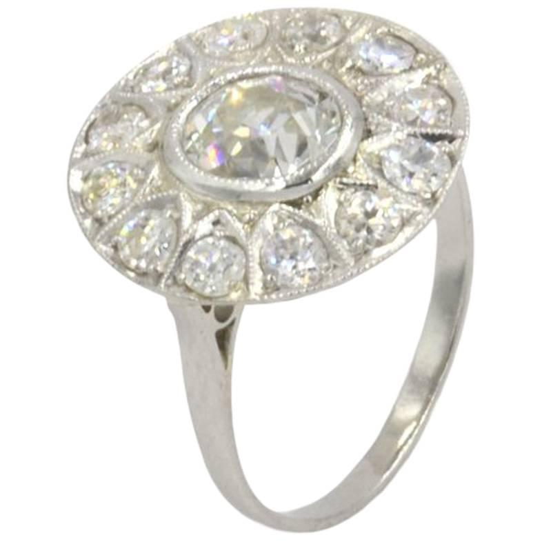 Art Deco Old Mine Cut Diamond Cluster and Platinum Ring, circa 1930 For Sale