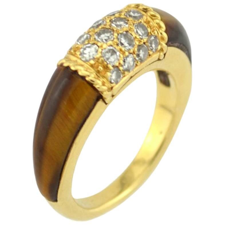 Van Cleef and Arpels 18 Karat Gold Philippine Ring with Diamonds and Tiger's Eye For Sale