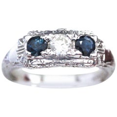 Vintage Sapphire and Diamond Engagement Ring, Wedding Ring with Filigree Band