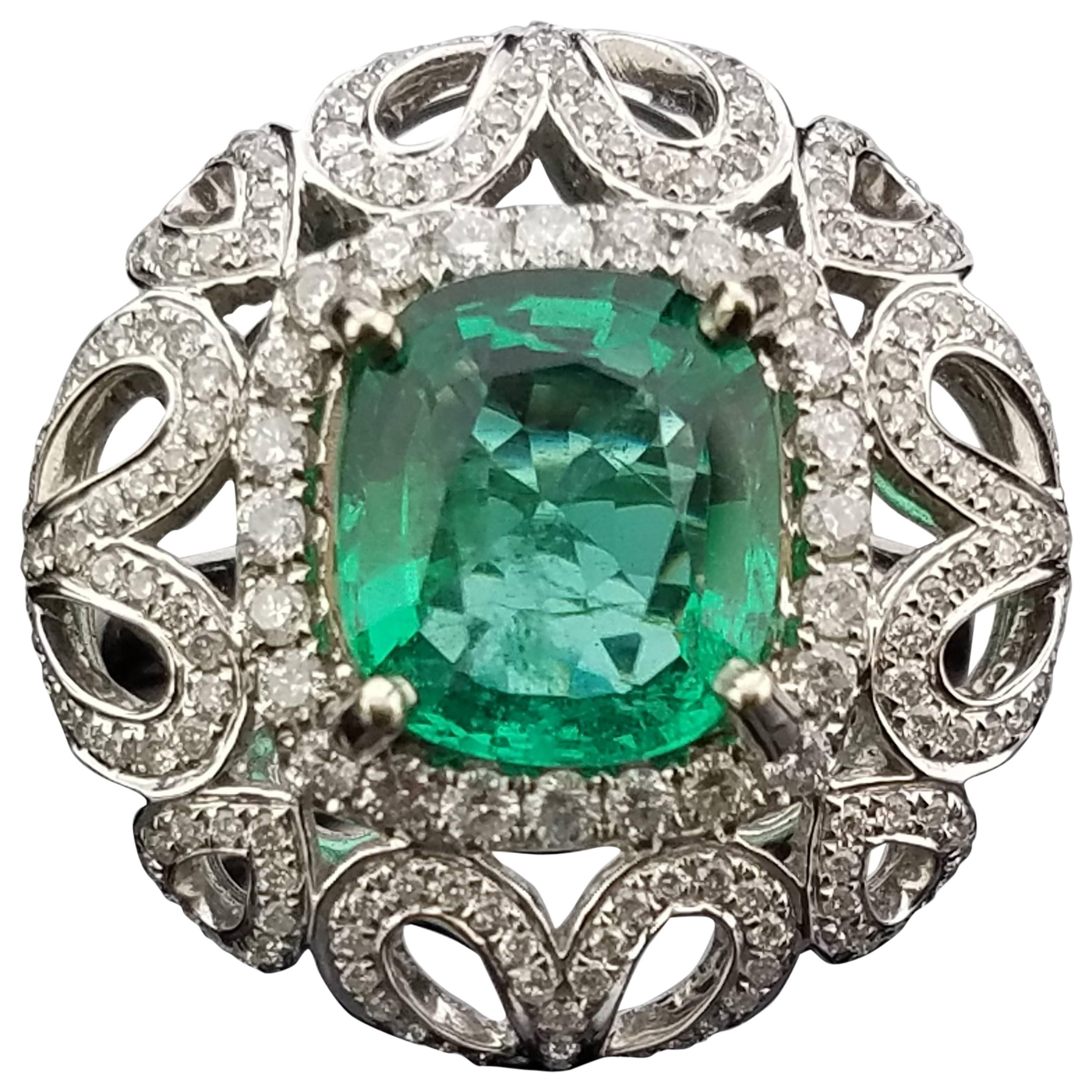 Cushion Cut Zambian Emerald and Diamond Cocktail Ring For Sale