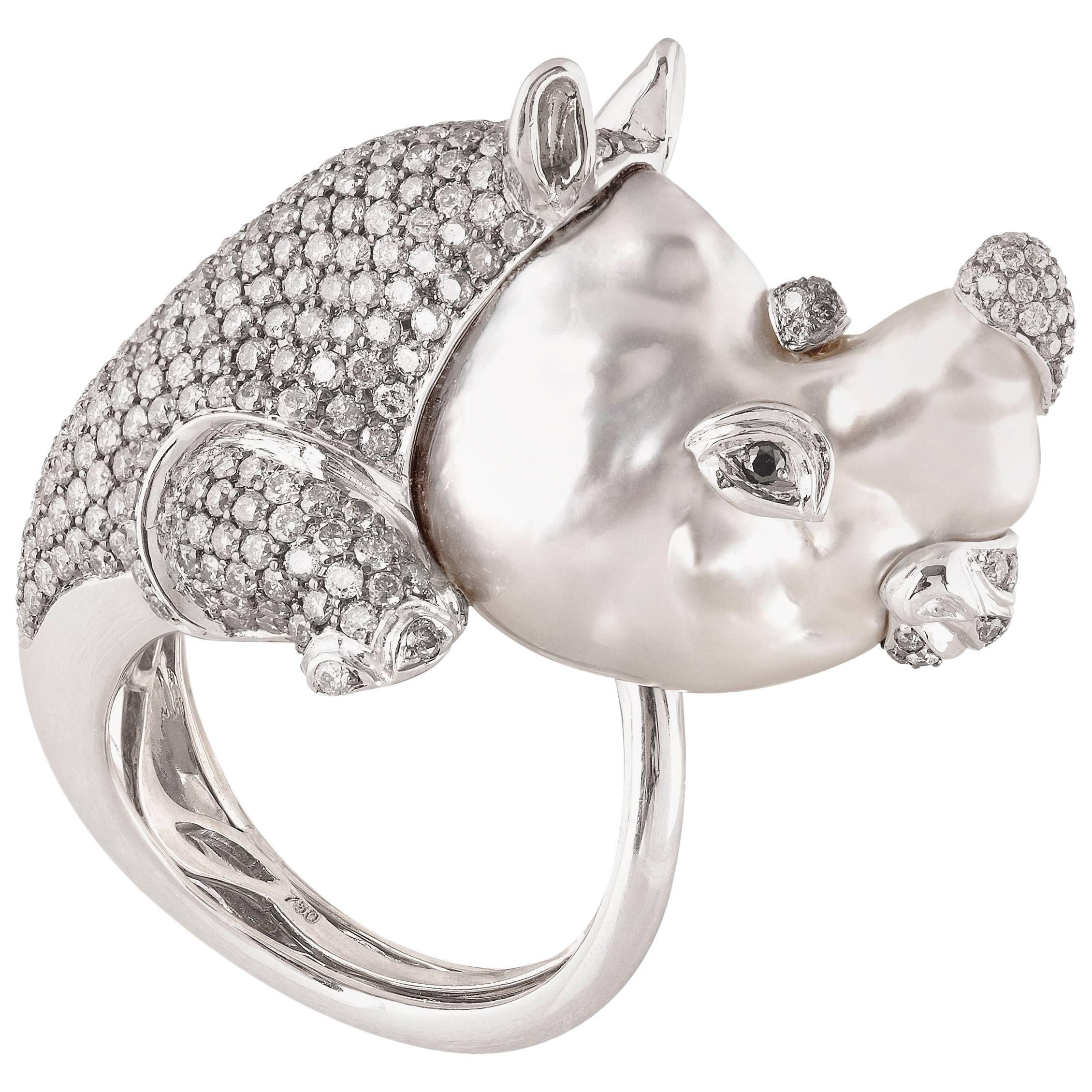 South Sea Pearl Black and Grey Diamond White Gold Rhinoceros Cocktail Ring