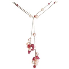 Engraved Rubies and Pearls on a Long White Gold Chain by Marion Jeantet