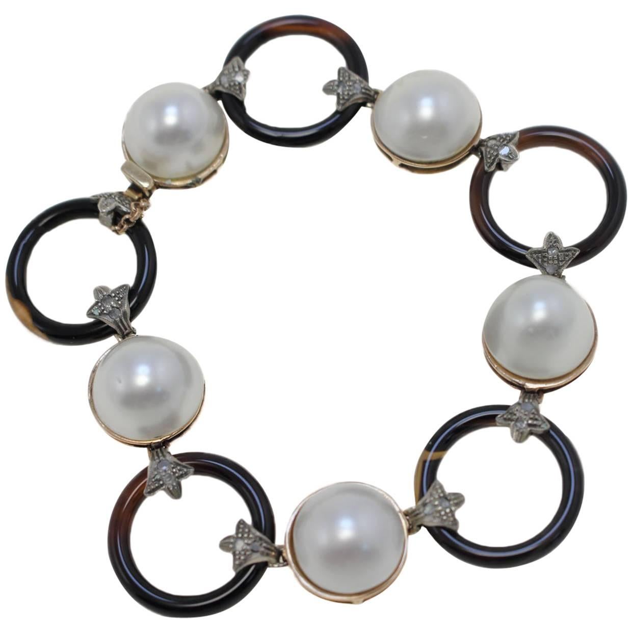  Rose Gold and Silver, Pearls, Diamonds and Onyx Link Bracelet