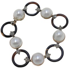 Rose Gold and Silver, Pearls, Diamonds and Onyx Link Bracelet