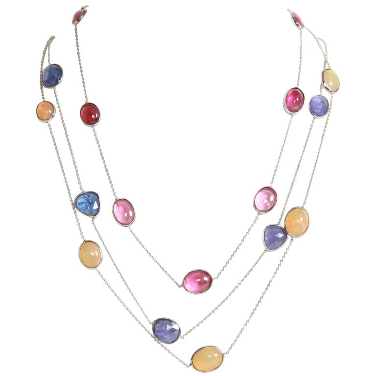Three White Gold Necklaces with Pink Tourmalines, Opales, Tanzanites For Sale