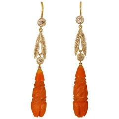 Antique Coral and Diamond Drop Earrings in 15 Carat Gold and Platinum