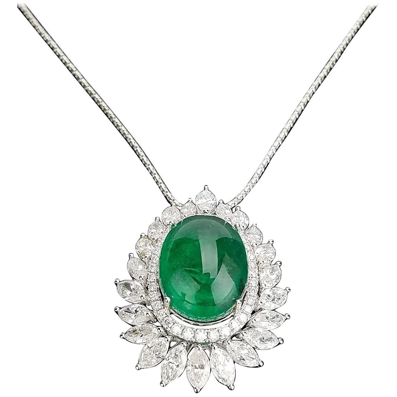 Certified Cabochon Zambian Emerald and Marquise Diamond Pendant