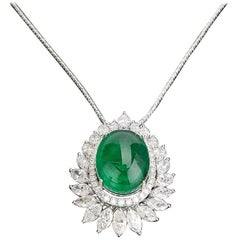 Certified Cabochon Zambian Emerald and Marquise Diamond Pendant