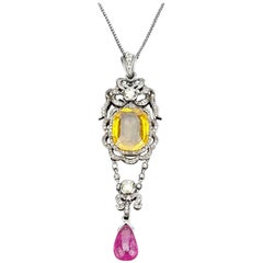 Art Deco Style Yellow Sapphire, Ruby and Diamond Pendant Necklace