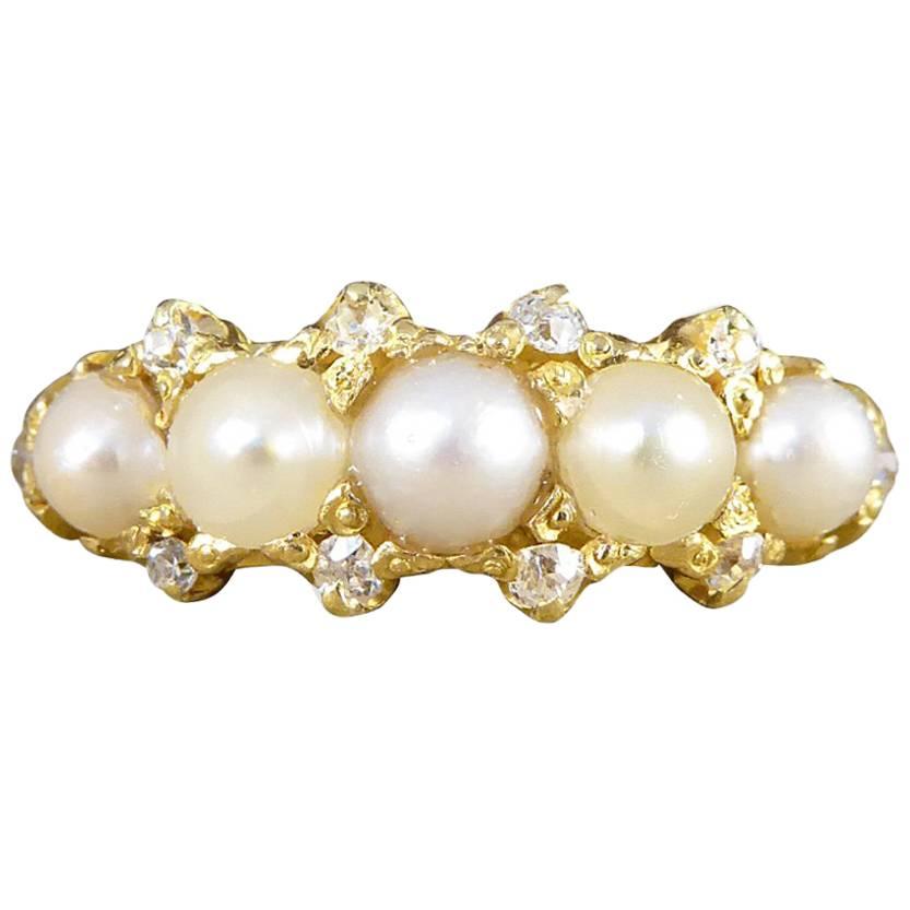 Antique Victorian Cultured Pearl & Diamond Five-Stone Ring Set in 18 Carat Gold