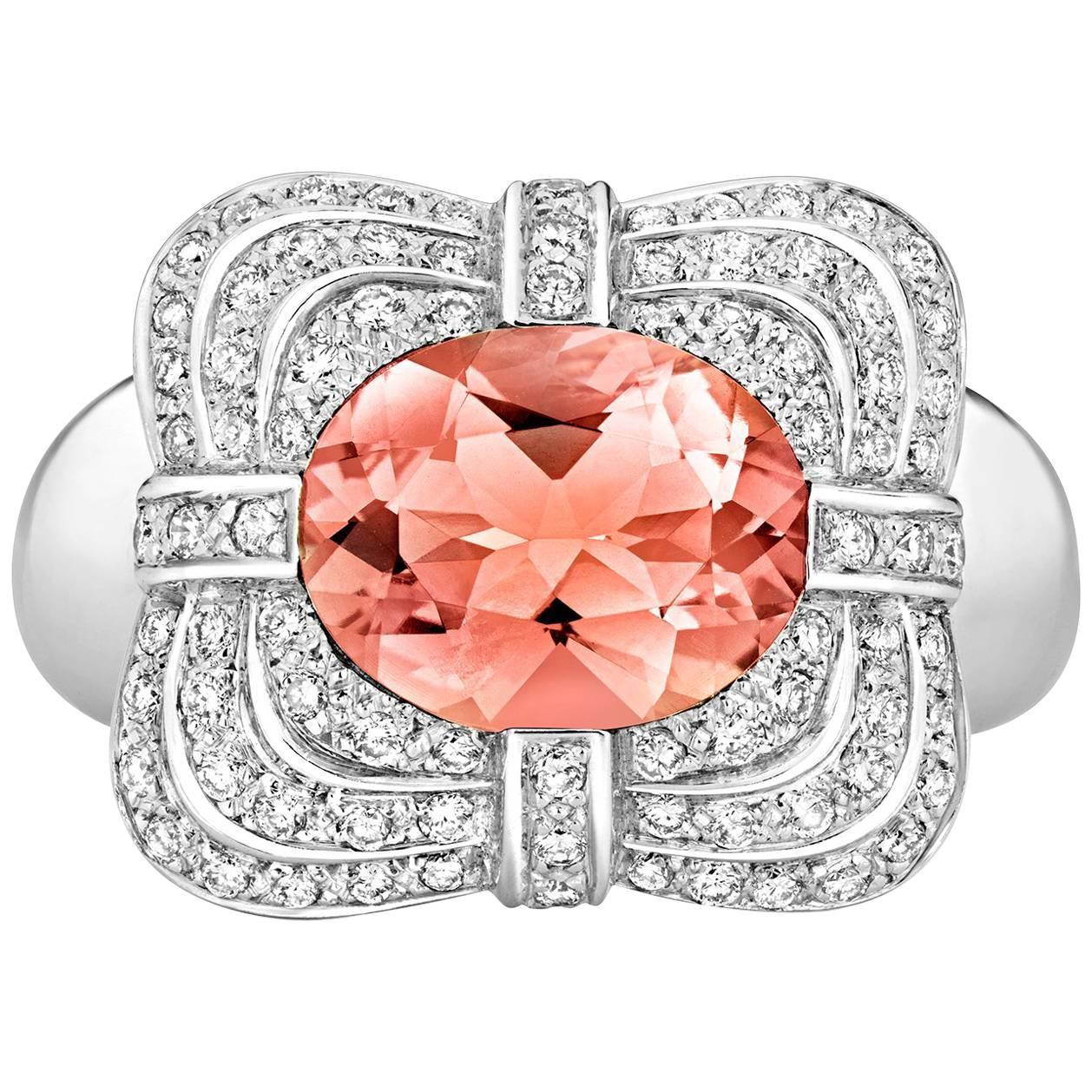 Tivon 18ct White Gold large pink Morganite and Diamond dress Ring For Sale